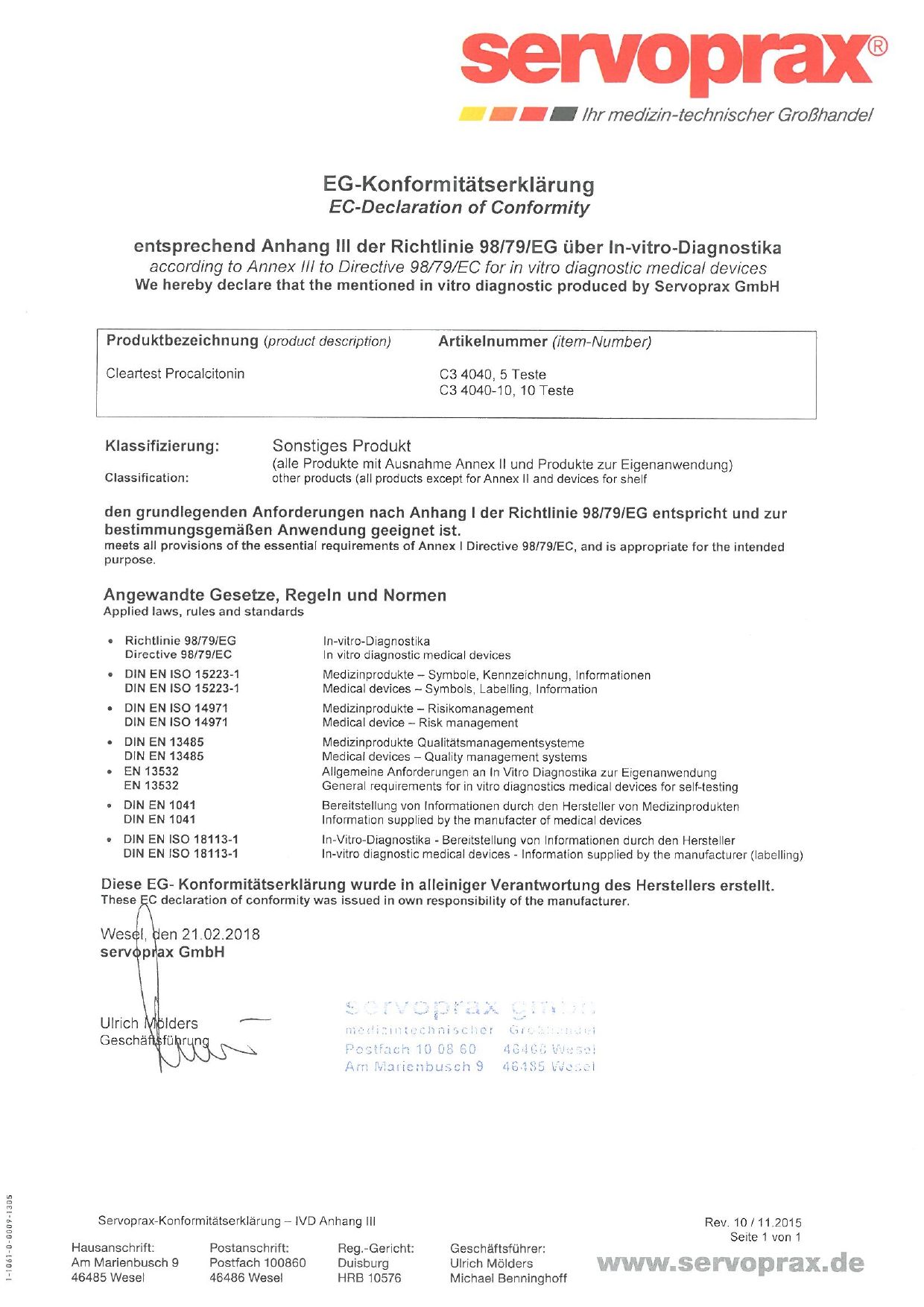 EG-Konformitätserklärung von Servoprax GmbH für "Clearest Procalcitonin" Tests.