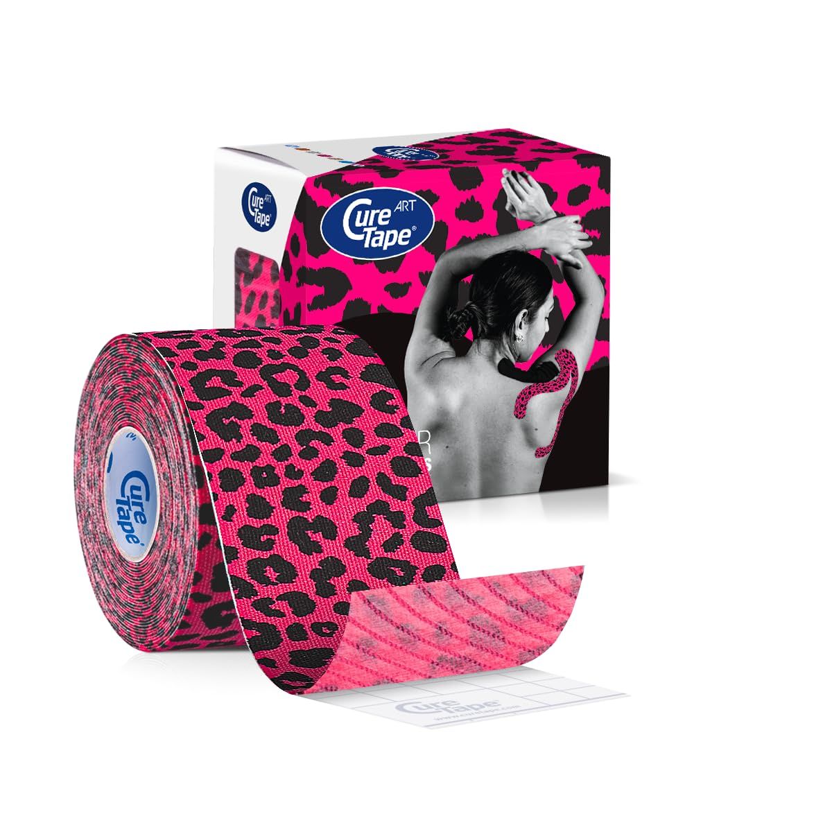 Rolle CureTape Art Kinesiologie Tape mit Leopardenmuster und Verpackung. Aufdruck: CureTape Art.