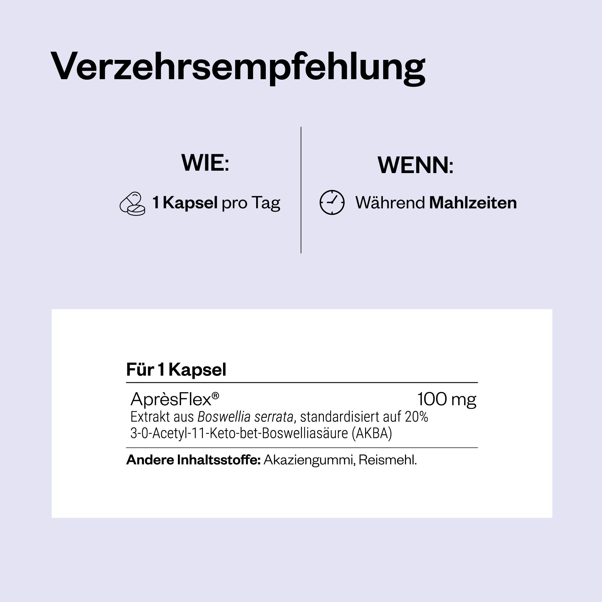 Infografik mit Text. '1 Kapsel pro Tag'. 'Während Mahlzeiten'. 'Für 1 Kapsel: AprèsFlex 100 mg'.