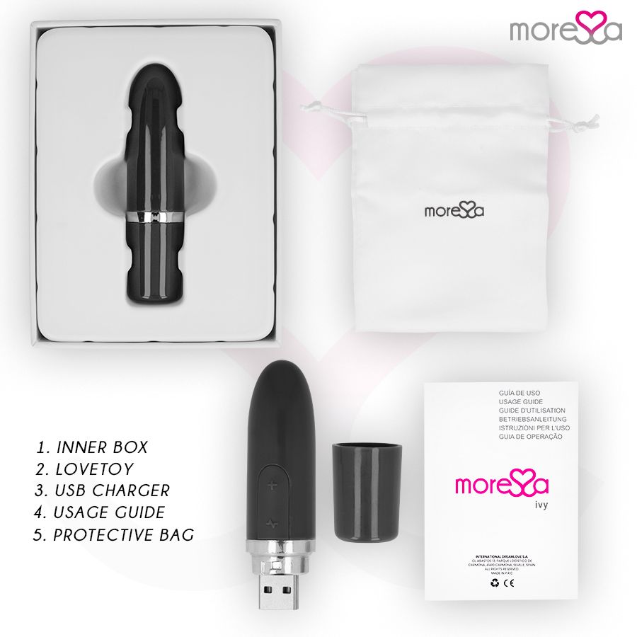 Verpackung mit schwarzem, ovalem Stimulator, USB-Ladegerät, Beutel und Anleitung. Marke: Moressa.