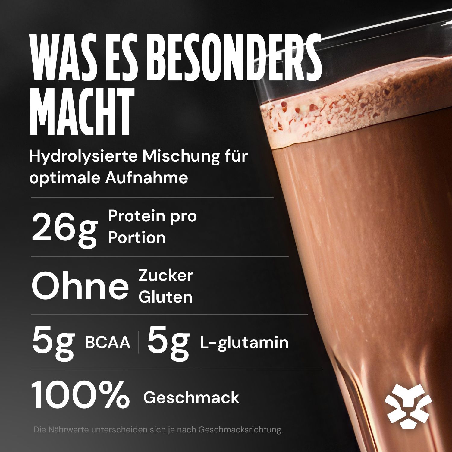 Glas mit Schokoladengetränk. Enthält 26g Protein pro Portion. Ohne Zucker und Gluten. Enthält 5g BCAA und 5g L-Glutamin.