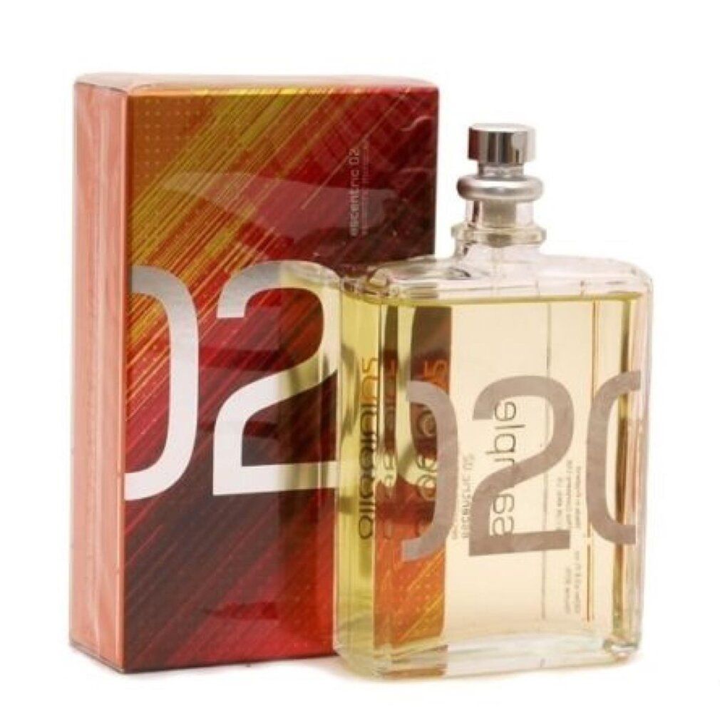 Parfümflakon und Verpackung. Flakon rechteckig, transparent, mit silbernem Verschluss. Verpackung rot-orange mit weißer Schrift. Produktname: 02.