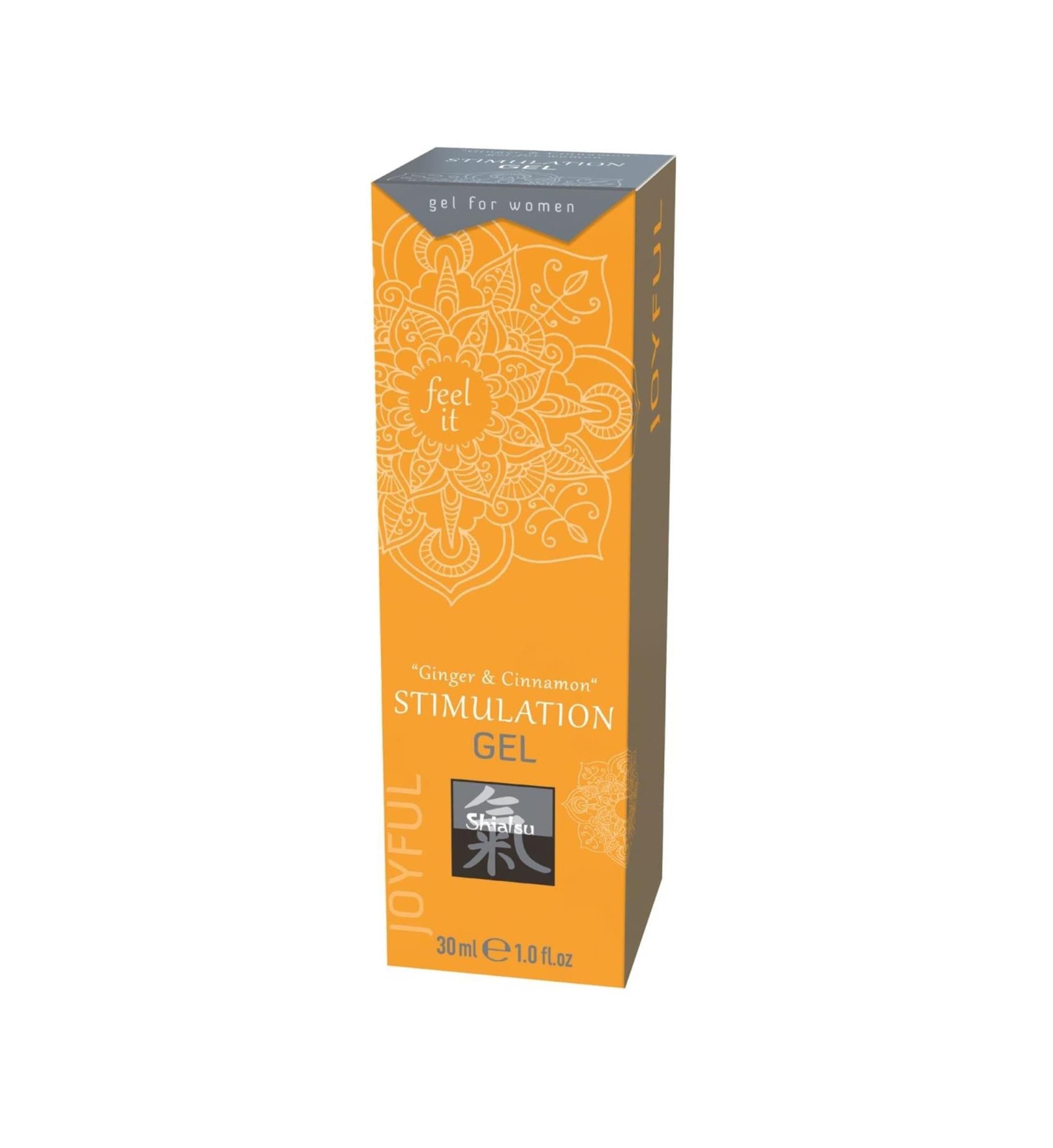 Orangefarbene Produktverpackung mit Aufschrift "Stimulation Gel". Enthält das Logo und die Aufschrift "Ginger & Cinnamon".
