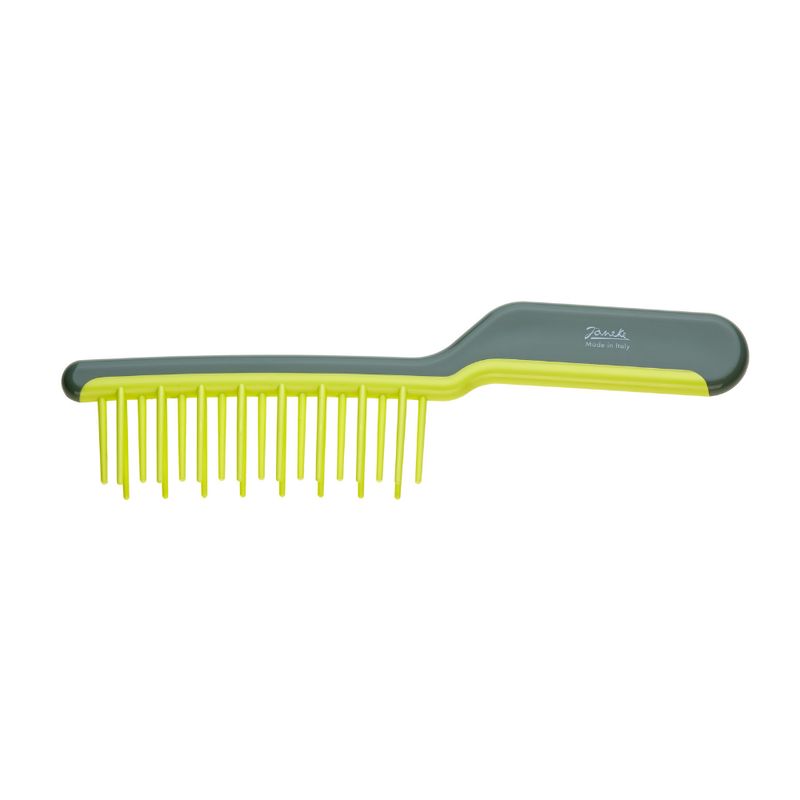 Grau-gelbe Haarbürste mit Griff und gelben Borsten. Auf dem Griff steht "Janeke".