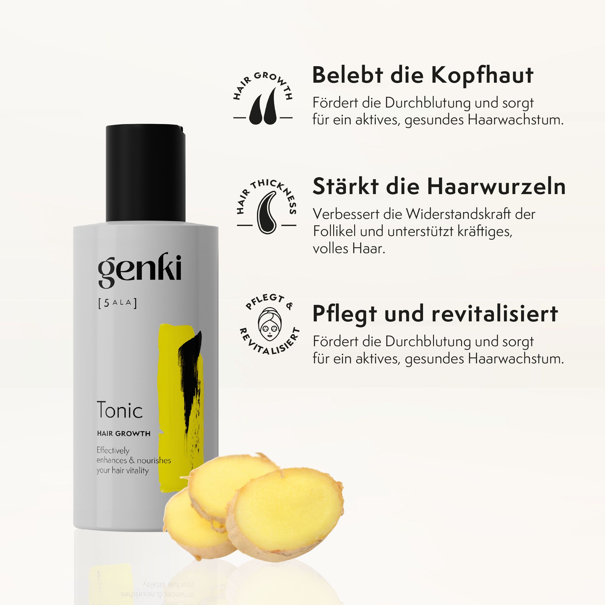 Genki Tonic-Flasche. Weiß mit schwarzem Deckel und gelbem Akzent. Text: Tonic, Hair Growth. Zusätzliche Infografiken.