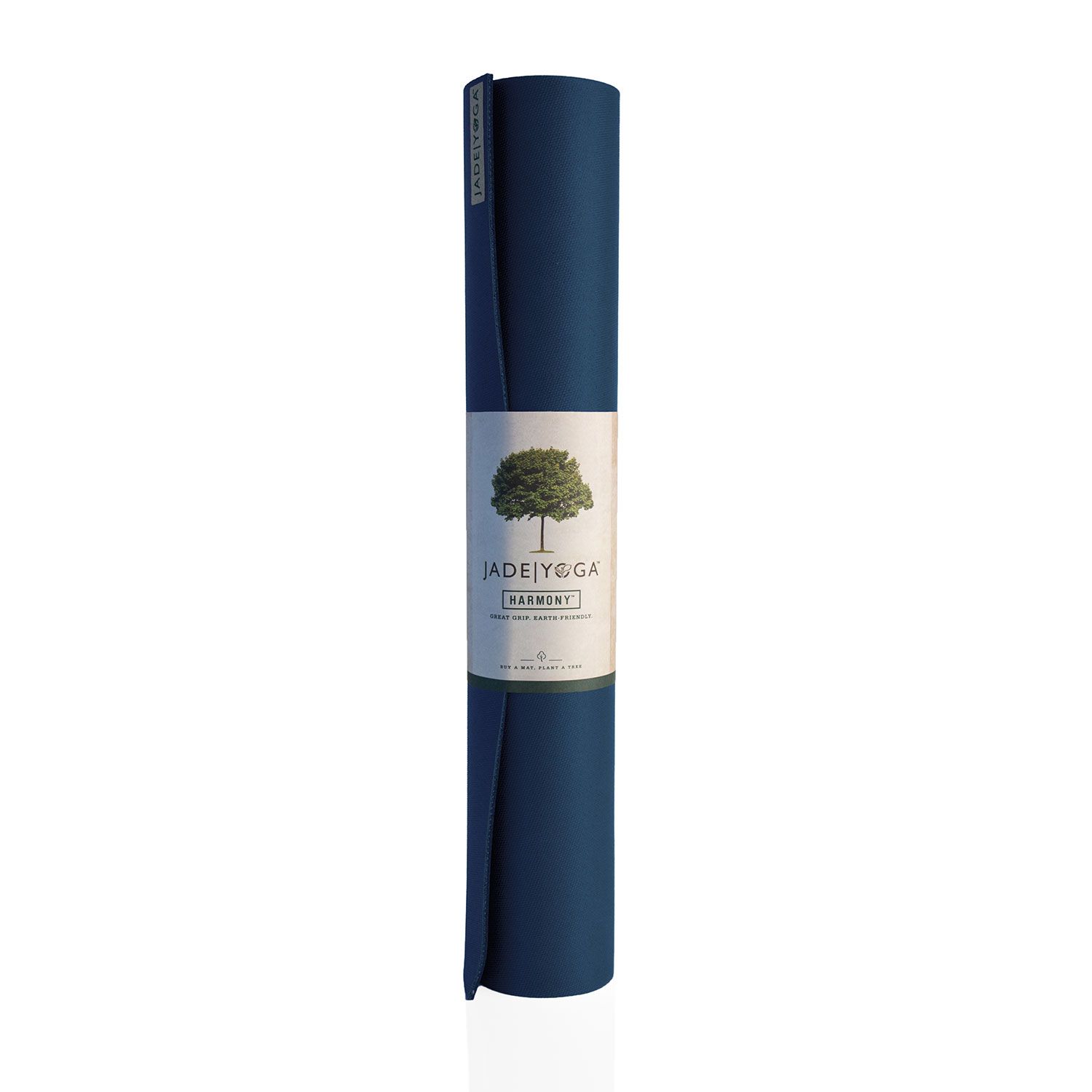 Gerollte Yogamatte, dunkelblau. Label mit Logo und Schriftzug: Jade Yoga Harmony.