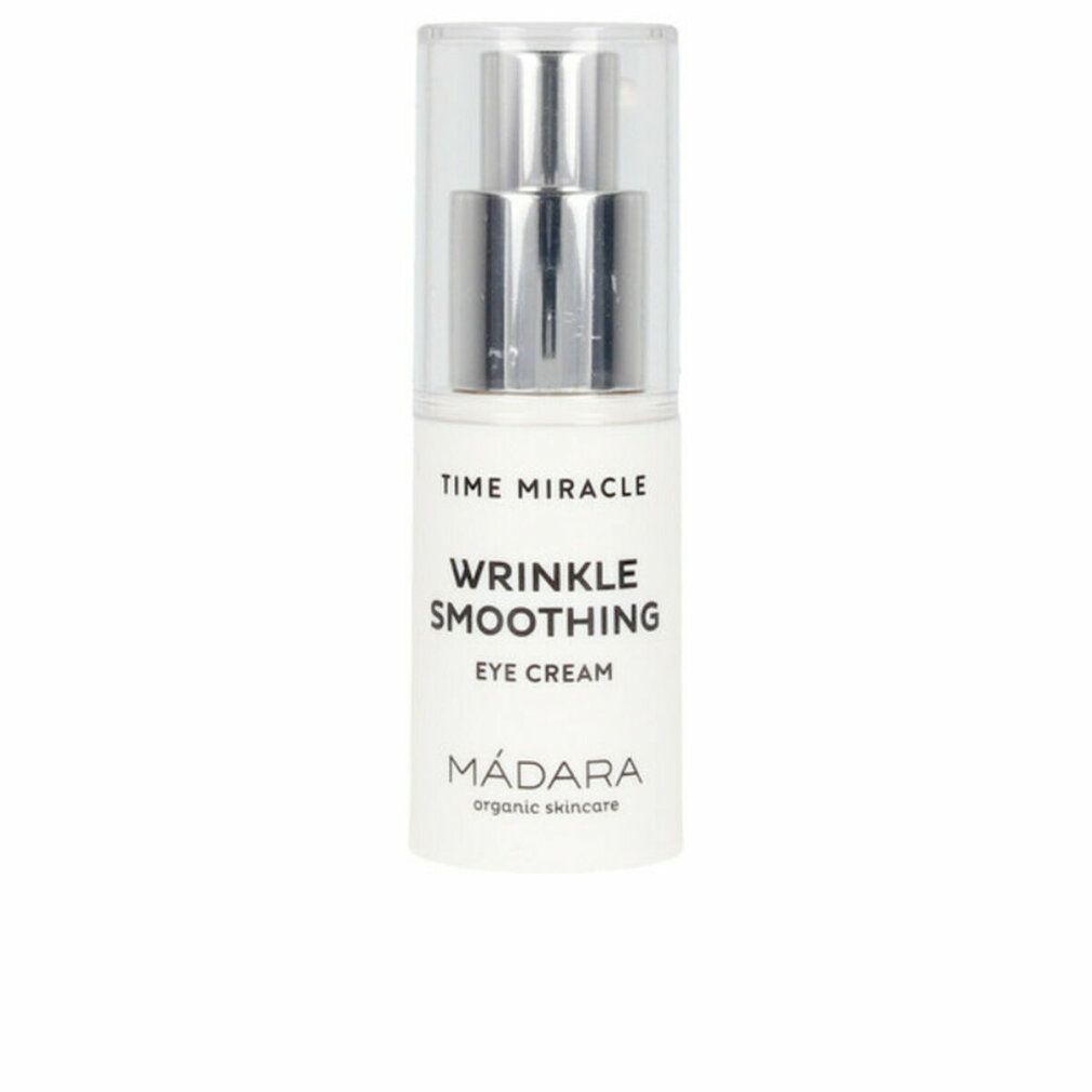 Madara Time Miracle Augencreme. Weiße Flasche mit silbernem Spender. Text: Time Miracle, Wrinkle Smoothing, Eye Cream. Transparent Kappe.