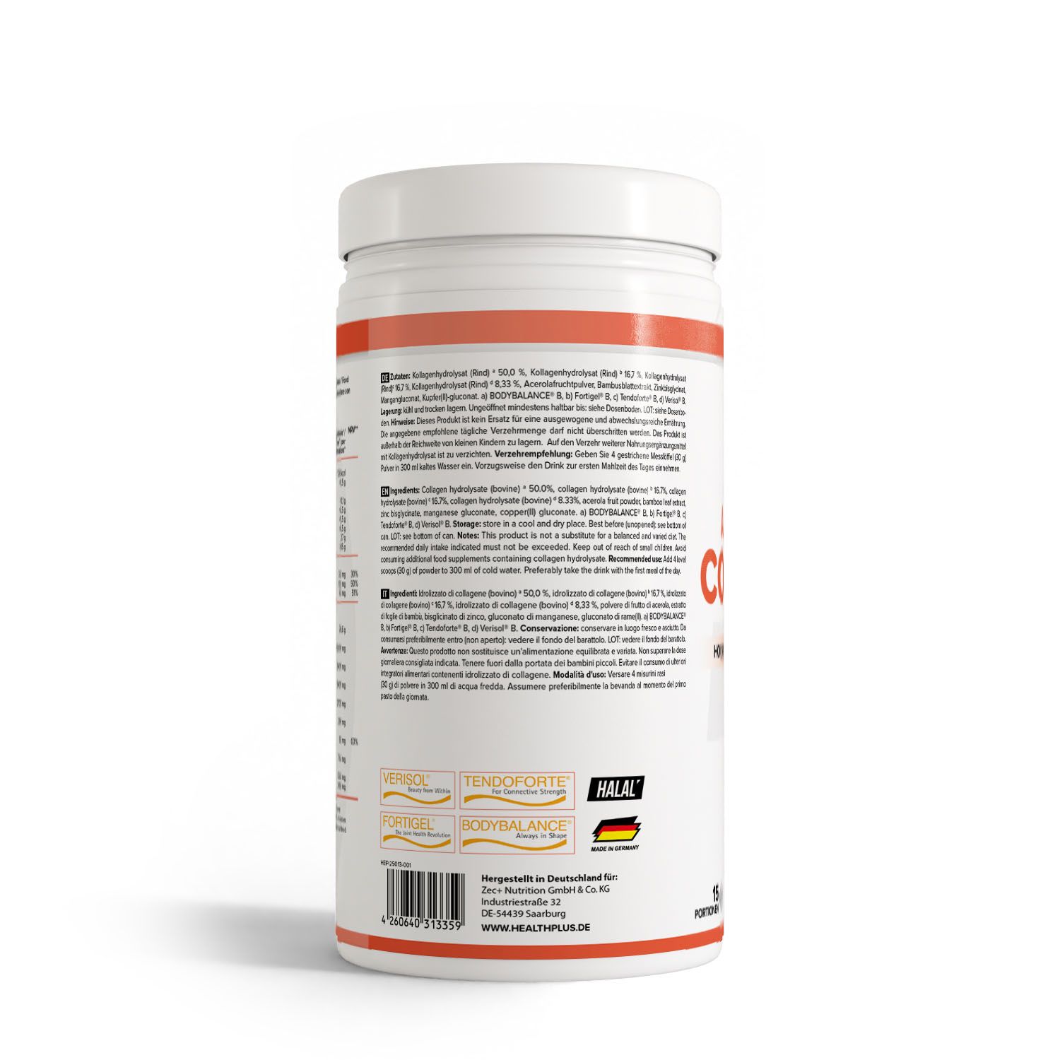 Rückseite einer Health+ All in One Collagen Dose mit Nährwertangaben und Inhaltsstoffen.