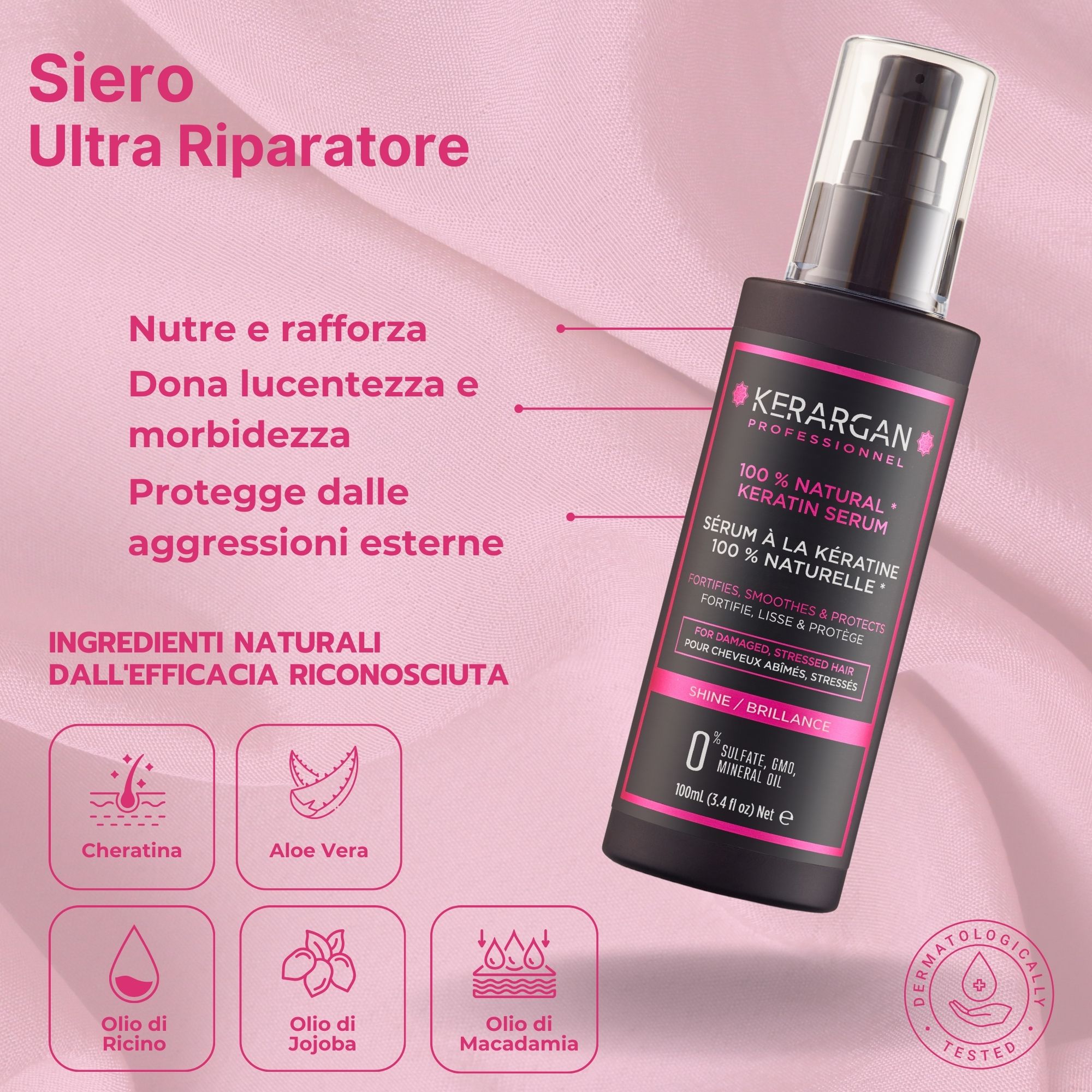 Kit completo Kerargan con 6 prodotti. Flaconi e vasetti neri con etichette rosa. Contiene shampoo, balsamo, maschera, siero.