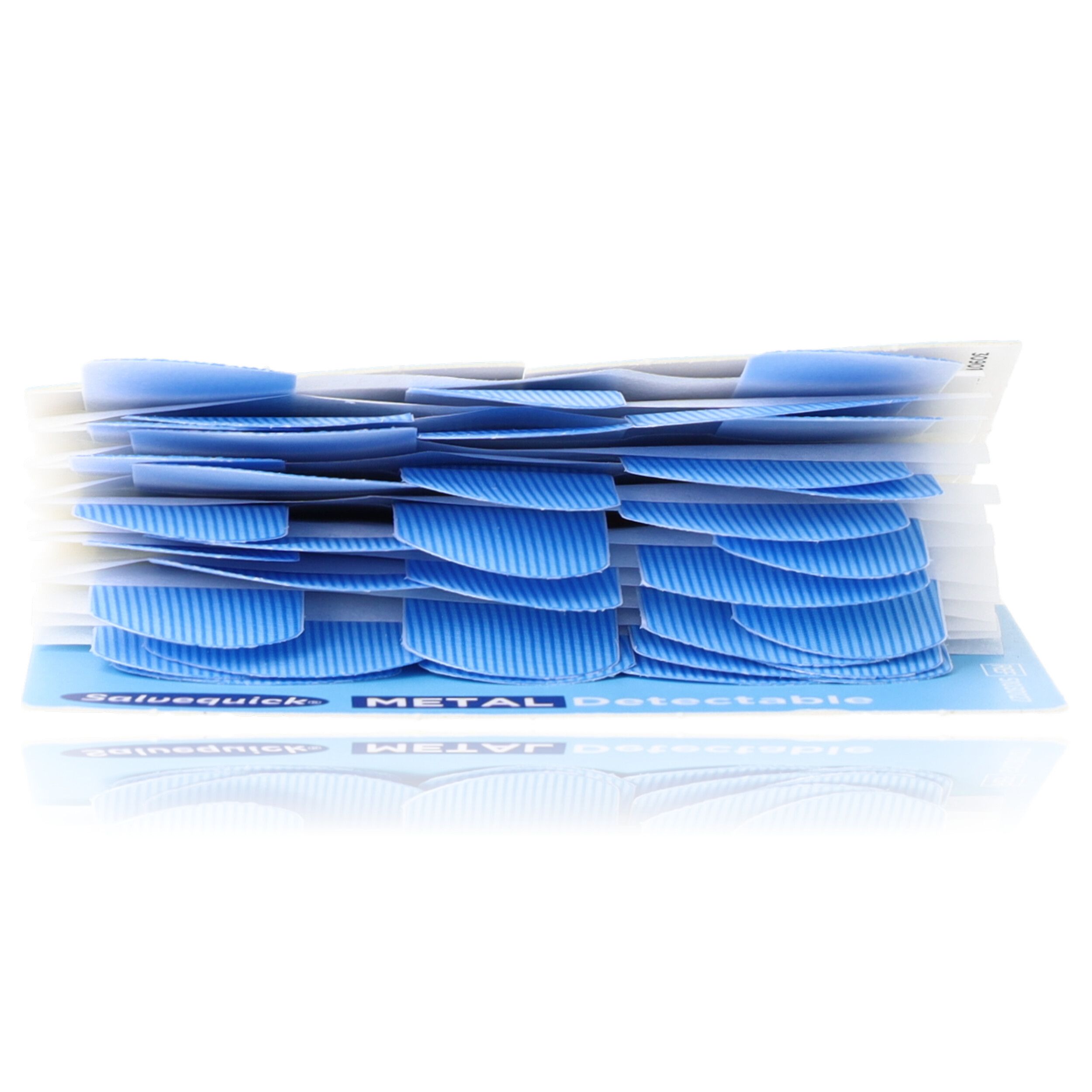 Seitenansicht der Salvequick-Pflaster-Nachfüllpackung. Blaue, geriffelte Pflasterstreifen sind sichtbar. Aufschrift 'METAL Detectable'.