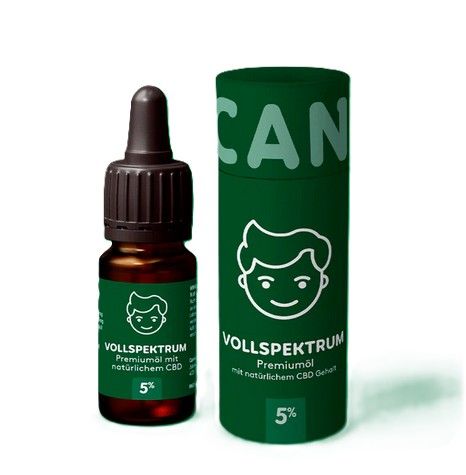 Braune Glasflasche mit Tropfer und grüne Verpackung. Aufschrift: VOLLSPEKTRUM, Premiumöl mit natürlichem CBD, 5%.
