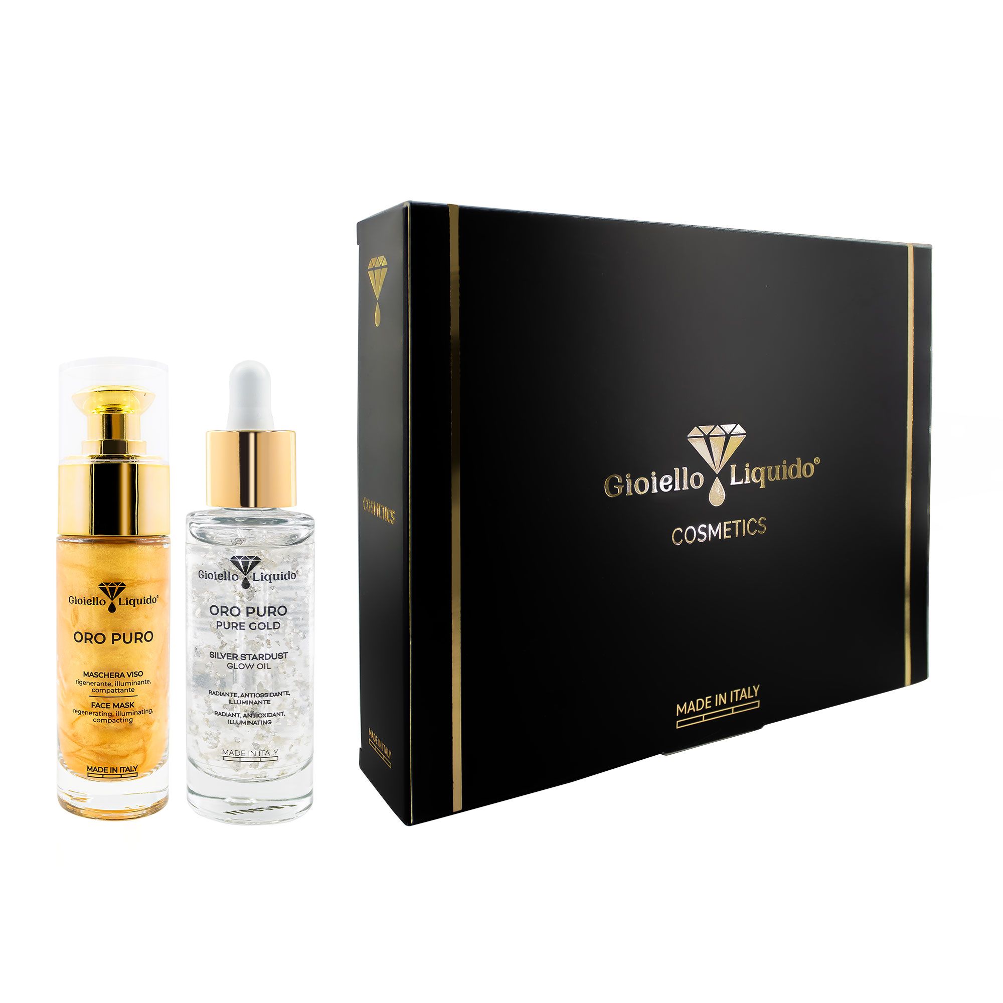 Geschenkbox mit zwei Flaschen. Eine goldfarbene Flasche und eine silberne Flasche. Schwarze Box mit Golddetails und Logo.