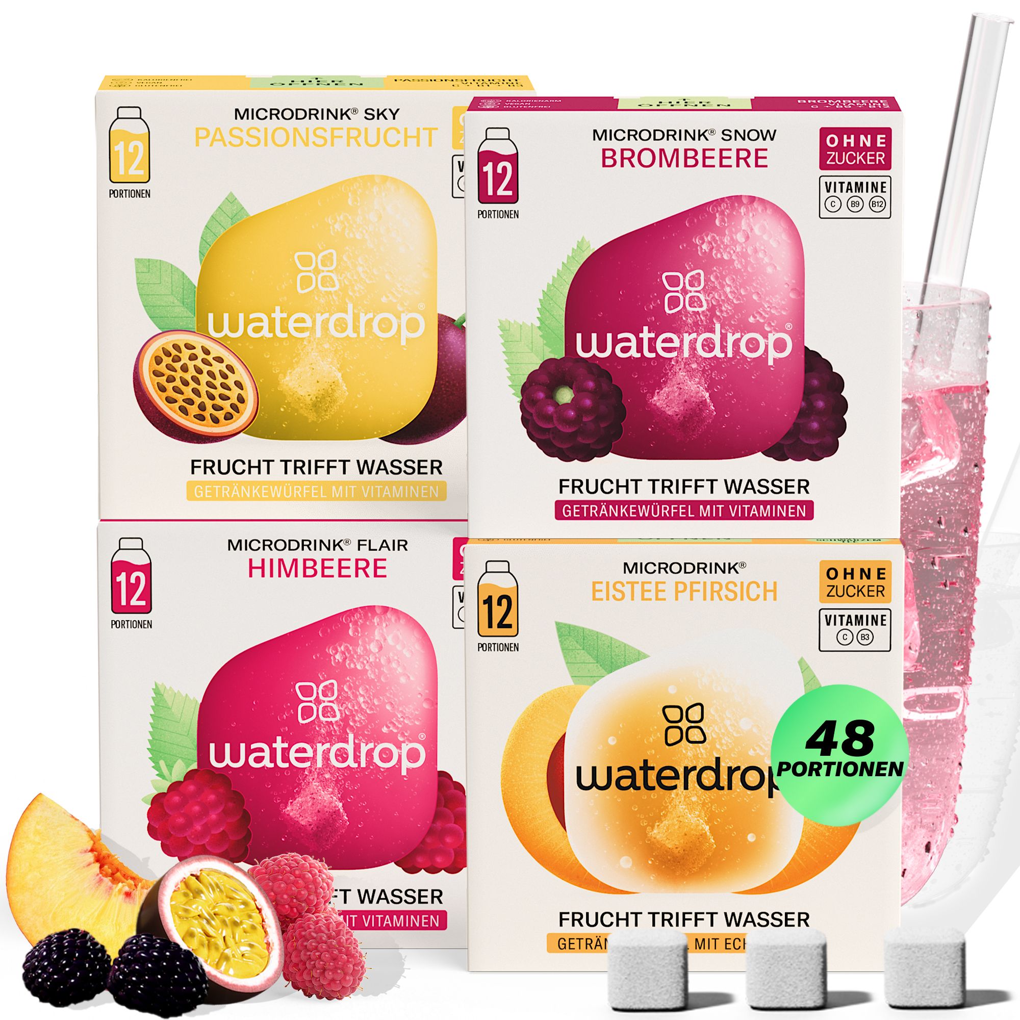 Vier Schachteln waterdrop® Microdrink mit je 12 Portionen. Sorten: Passionsfrucht, Brombeere, Himbeere, Eistee Pfirsich. 48 Portionen insgesamt.