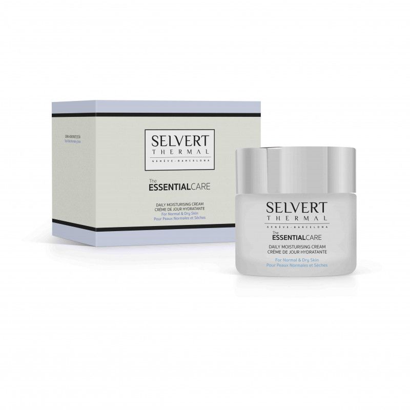 Creme-Tiegel und Schachtel. Aufschrift: Selvert Thermal, Essential Care, Daily Moisturising Cream. Für normale und trockene Haut.