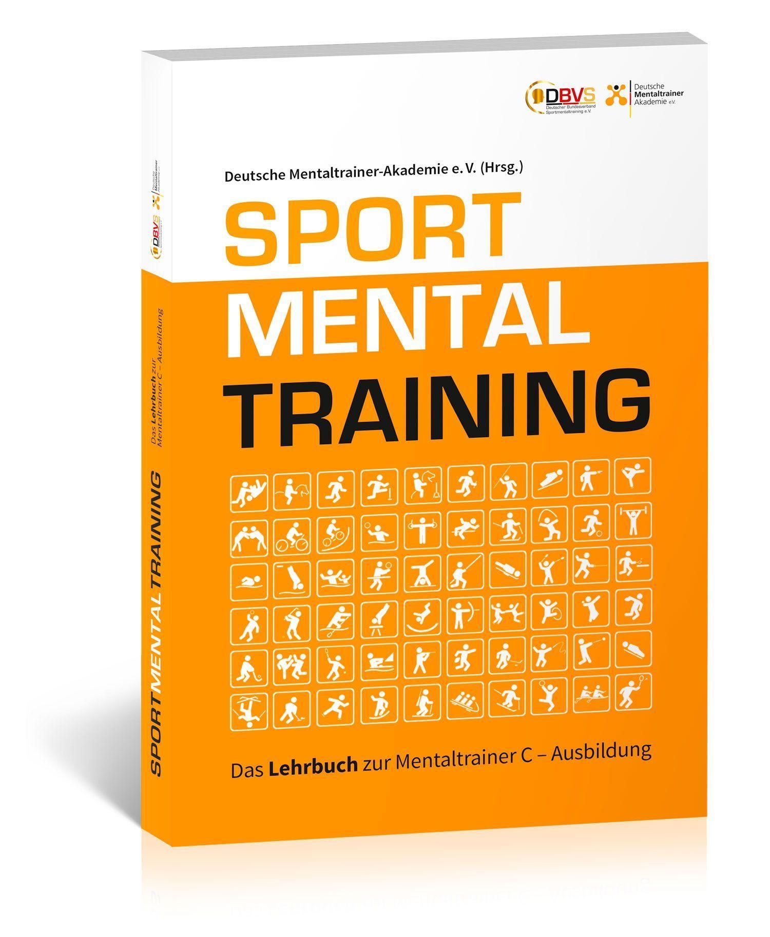 Buchcover mit Titel SPORT MENTAL TRAINING. Orangefarbener Hintergrund mit weißen Symbolen. Lehrbuch zur Mentaltrainer C-Ausbildung.