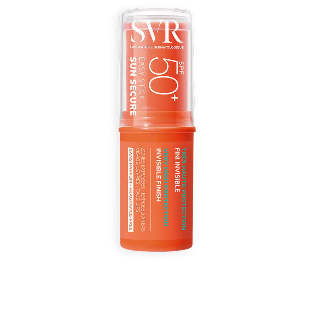 SVR Sun Secure Easy Stick SPF50+. Orangefarbener Behälter mit transparentem Deckel. Beschriftung mit SPF 50+.