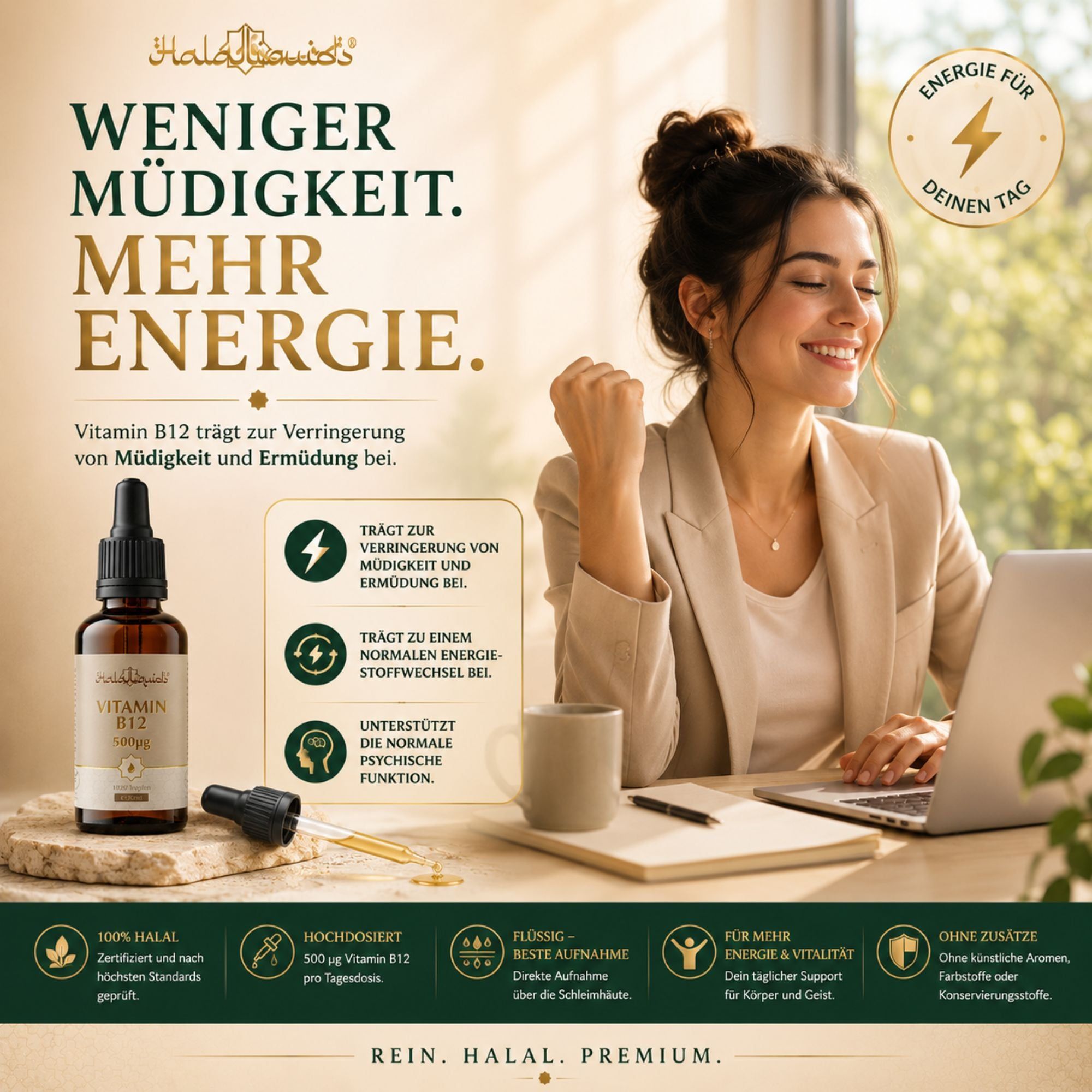 Frau am Laptop mit Vitamin B12 Tropfen Flasche. Fokus auf Energie und Konzentration.
