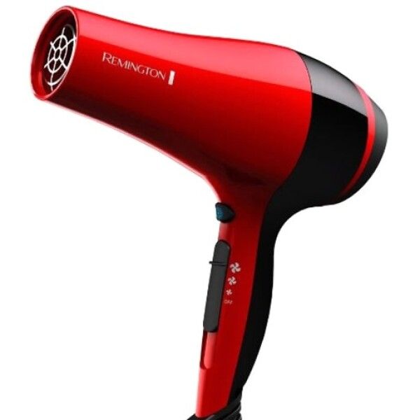 Roter und schwarzer Haartrockner. Der Griff hat eine Taste und drei Symbole. Der Markenname Remington ist sichtbar.