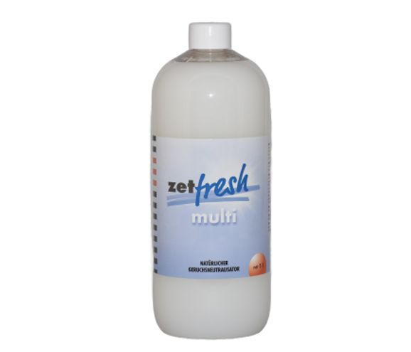 Zylindrische Flasche mit weißem Inhalt. Etikett mit "zetfresh multi".