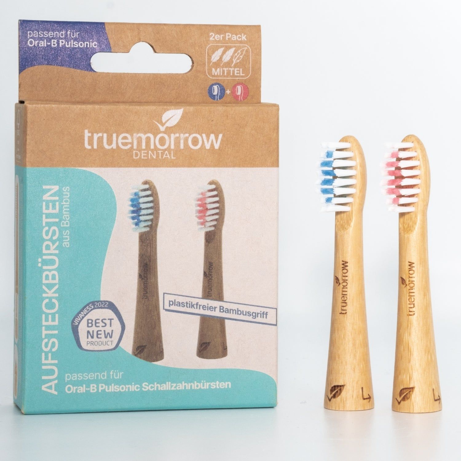 truemorrow Aufsteckbürsten aus Bambus für Oral-B Pulsonic (2er Pack), Blau/Rosa-Mittel