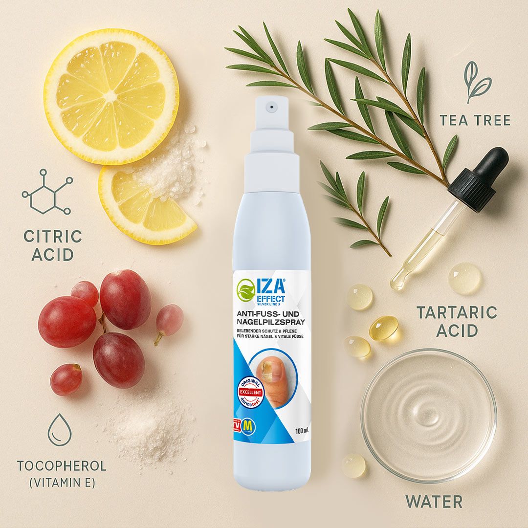 Fuß- und Nagel-Pflege-Spray, weiße Flasche mit grünem Logo, umgeben von Zitronen, Trauben, und Inhaltsstoffen. Produktname sichtbar.