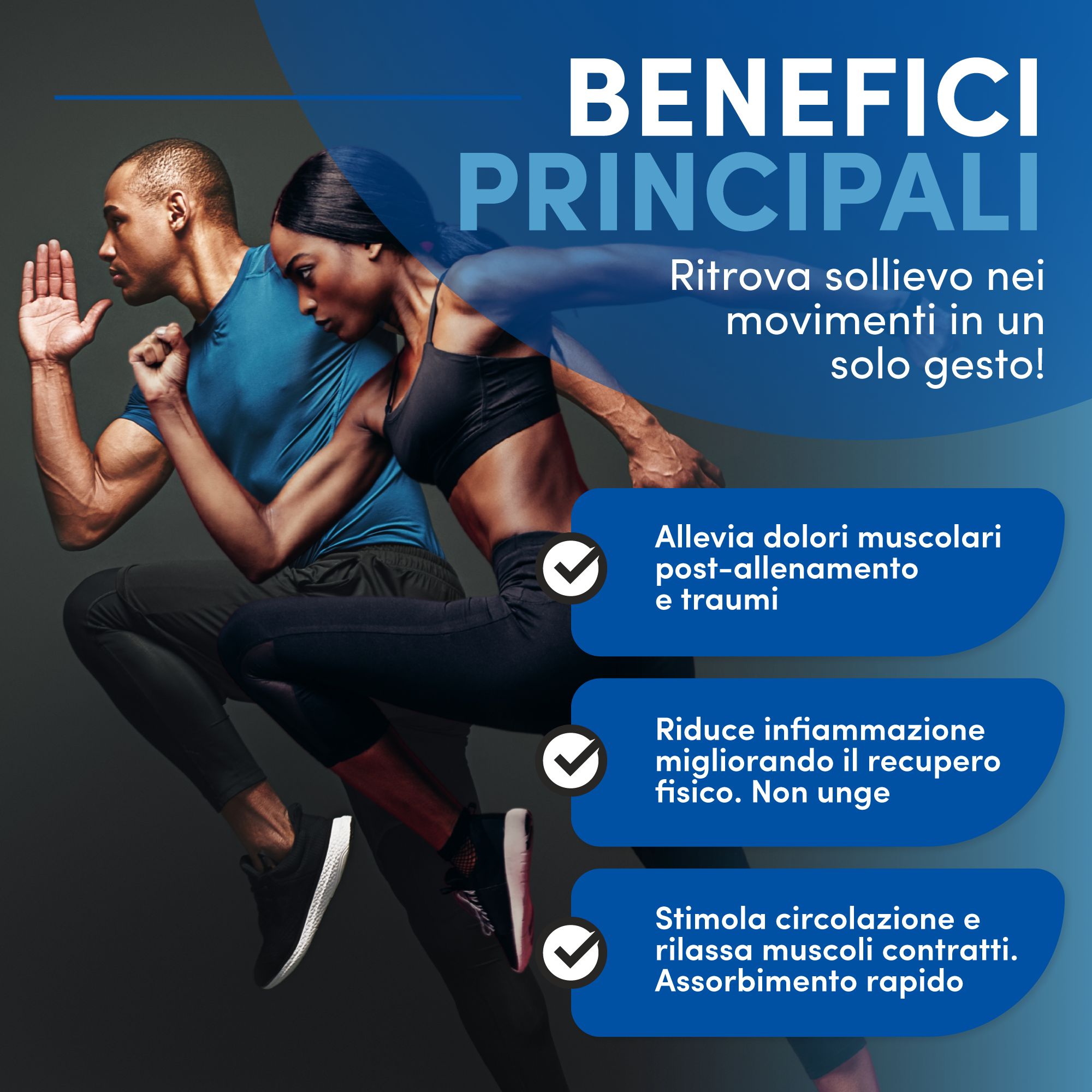 Zwei Sportler. Text: Hauptvorteile. Lindert Schmerzen nach dem Training. Reduziert Entzündungen. Fördert die Durchblutung und entspannt die Muskeln.