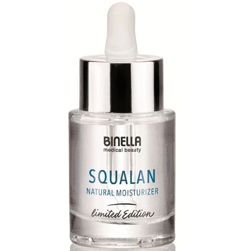 Glasflasche mit Pipette. Aufschrift: Binella, Squalane Natural Moisturizer, Limited Edition.
