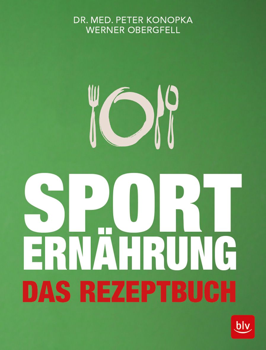 Buchcover mit Titel "Sport Ernährung". Autoren: Dr. med. Peter Konopka, Werner Obergfell. Logo: Gabel, Messer, Löffel und Teller.