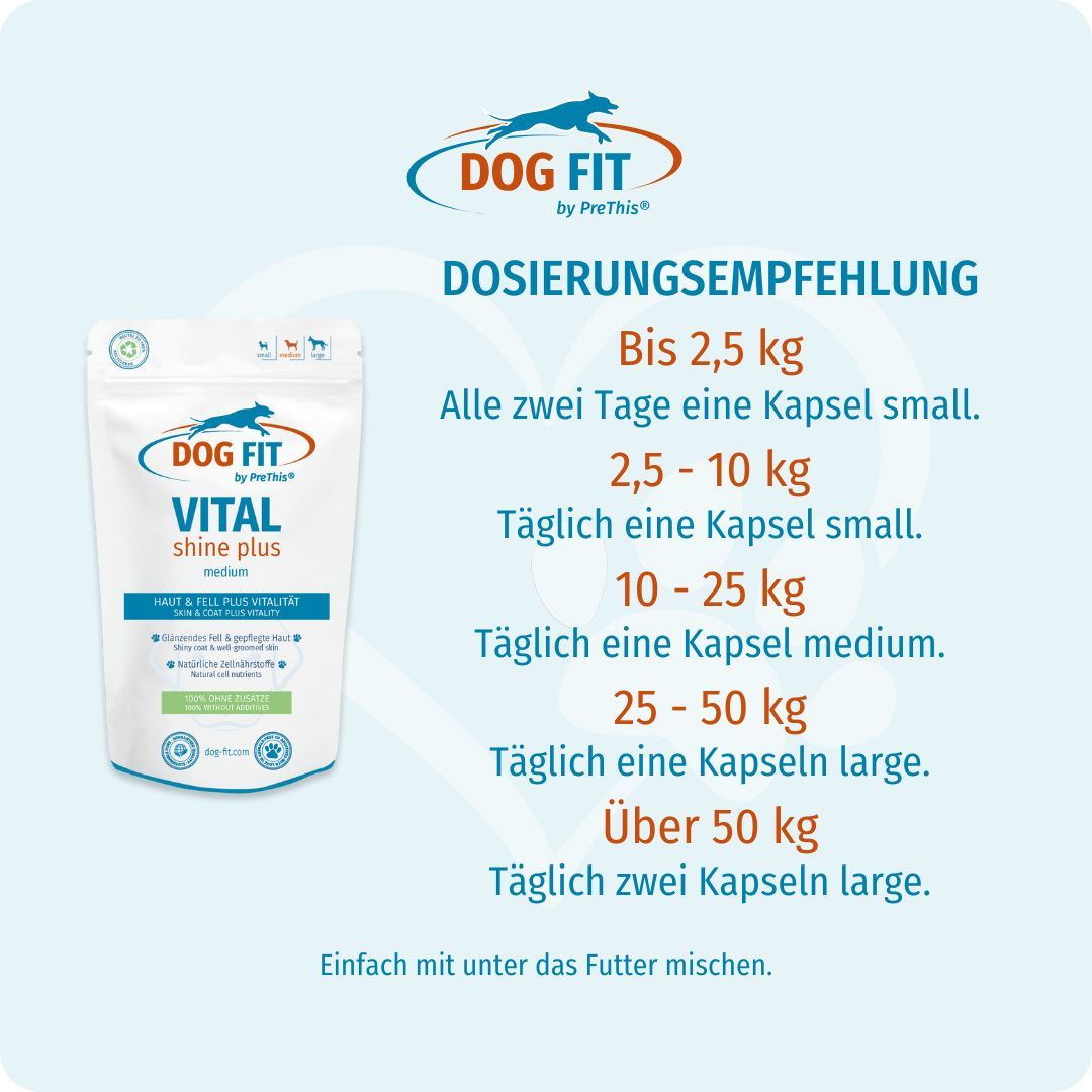 Produktverpackung DOG FIT VITAL shine plus. Dosierungsempfehlung nach Gewicht: small, medium, large.