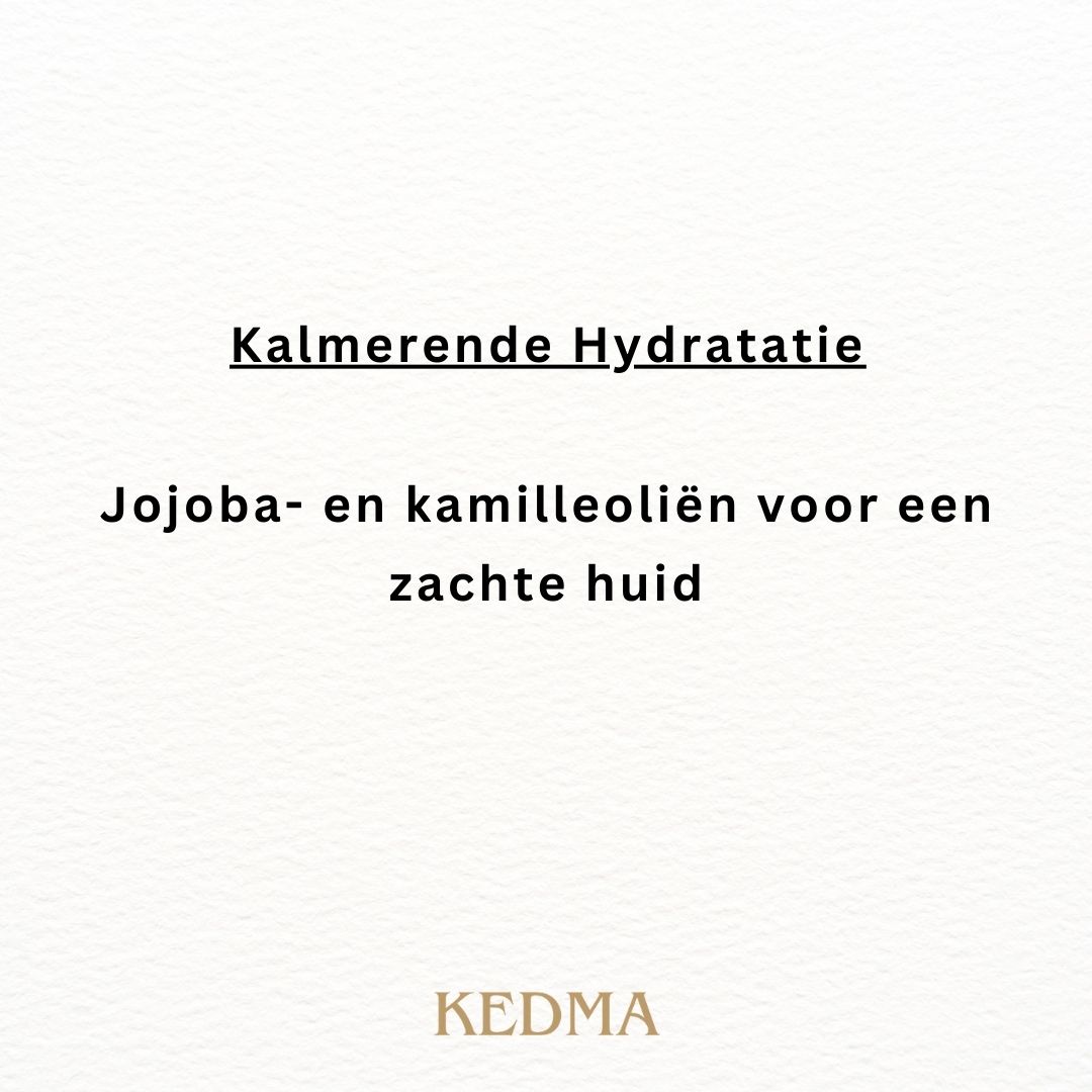 Tekst op crème achtergrond: Stralende Teint. Verwijdert dode huidcellen voor een natuurlijke glans. Kedma logo.
