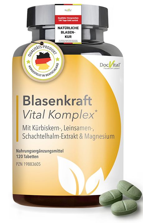 Braune Tablettenflasche mit gelbem Etikett. Text: BlasenKraft Vital Komplex. Mit Kürbiskern, Leinsamen, Schachtelhalm-Extrakt & Magnesium. 120 Tabletten.