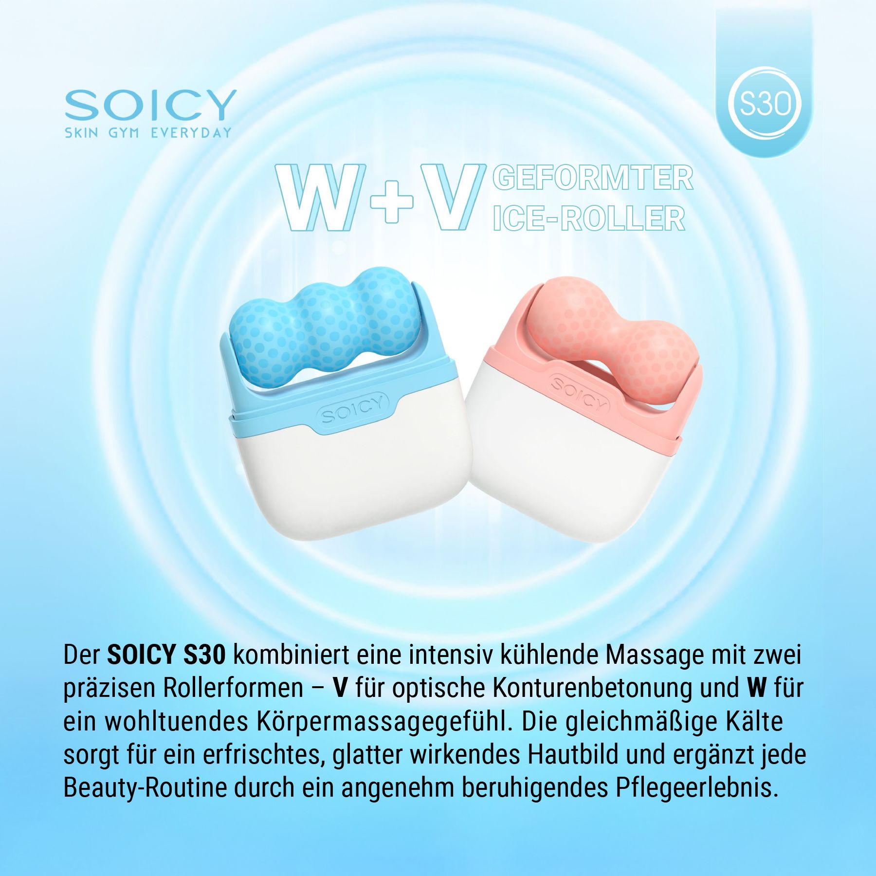 Zwei Ice-Roller, blau und rosa, mit weißem Gehäuse. SOICY-Logo. V- und W-Form.