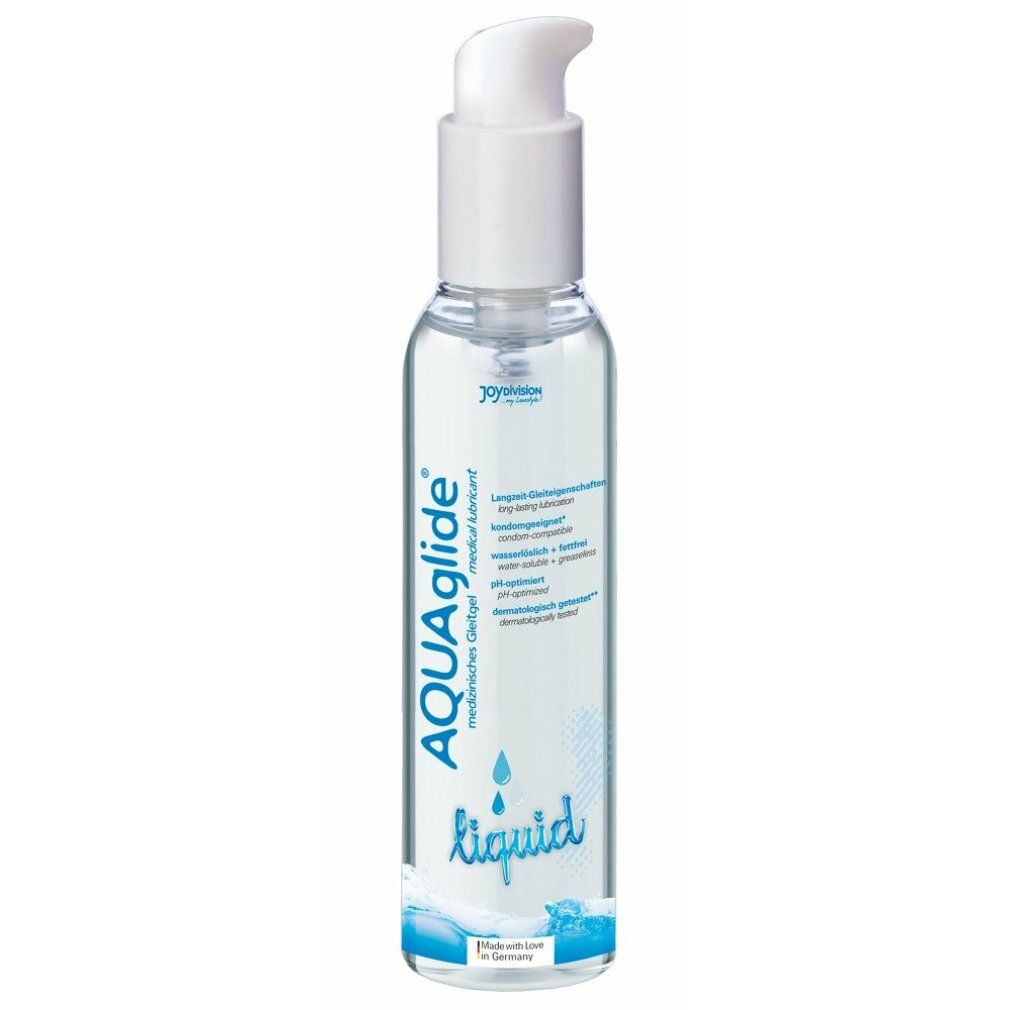 Transparente Flüssigkeit in Flasche mit Dosierpumpe. Aufschrift AQUAglide, medizinisches Gleitgel. Liquid.