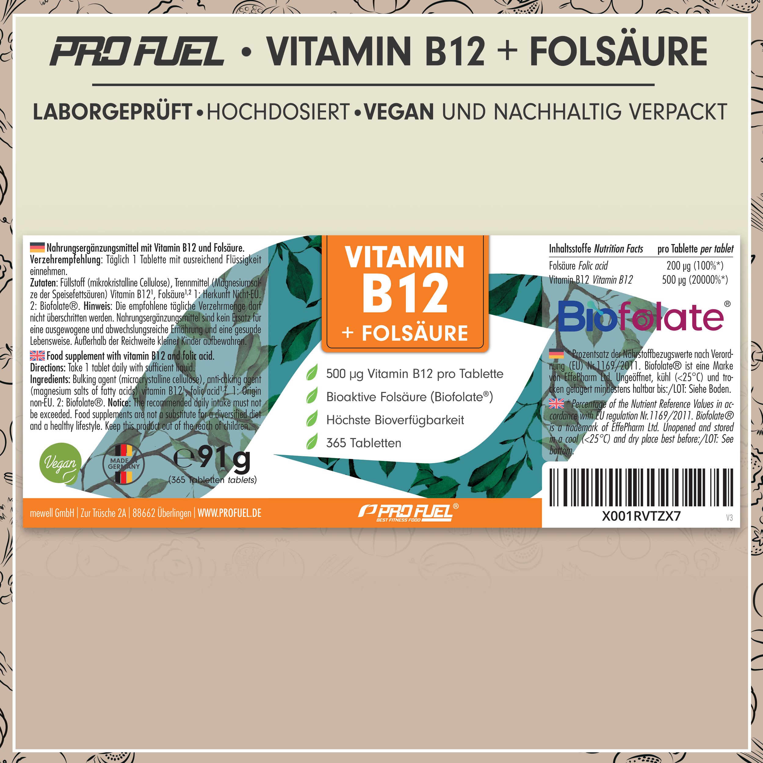 Produktverpackung mit Vitamin B12 + Folsäure. Enthält Informationen zu Inhaltsstoffen und Nährwerten. Marke: ProFuel.