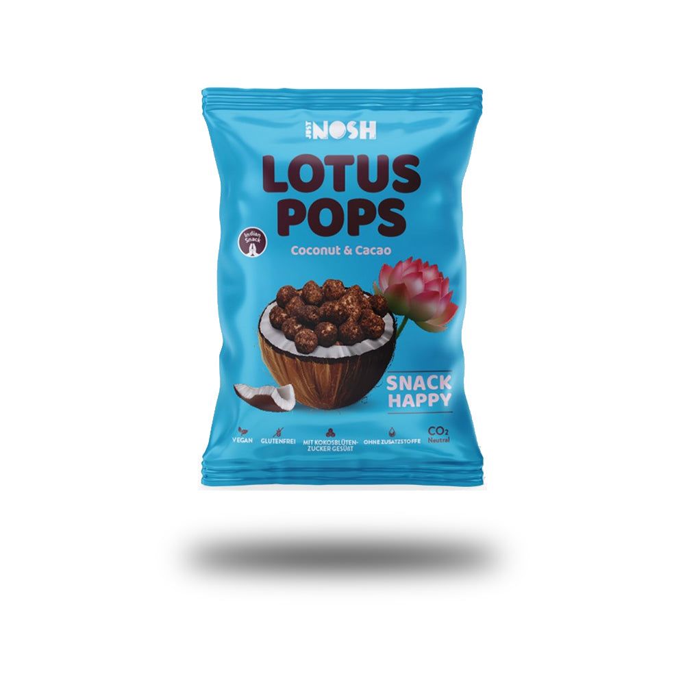 Türkisblaue Tüte mit Aufschrift LOTUS POPS, Kokosnuss & Kakao. Abbildung von Kokosnuss mit Pops und Lotusblüte. Aufschrift: SNACK HAPPY.