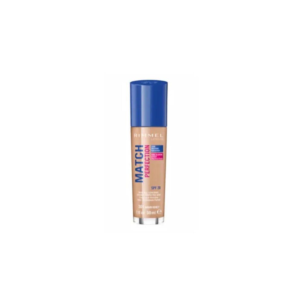 Flüssig-Make-up-Flasche mit blauem Deckel. Aufschrift: Rimmel, Match Perfection, SPF 25, 301 Warm Honey. 30 ml.