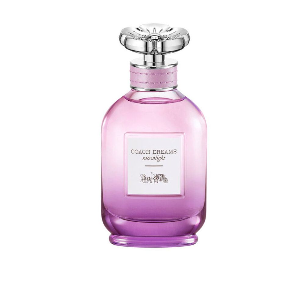 Coach Dreams Moonlight Eau De Parfum Spray. Flakon mit rosa-lila Farbverlauf. Silberner Sprühkopf. Aufschrift: COACH DREAMS moonlight.