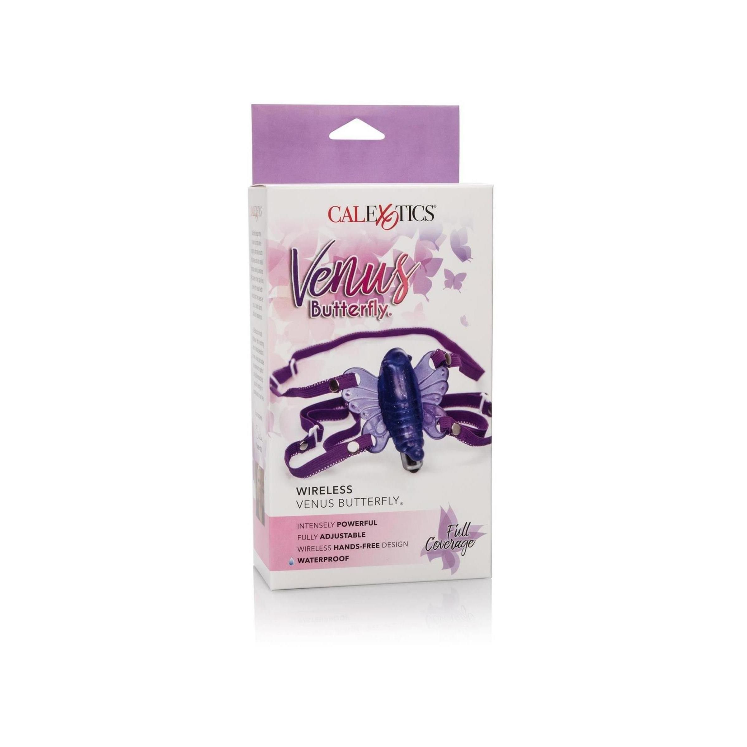 Verpackung mit Wellness-Produkt in Schmetterlingsform. Marke CalExotics, Produktname Venus Butterfly. Text: Wireless, Waterproof.