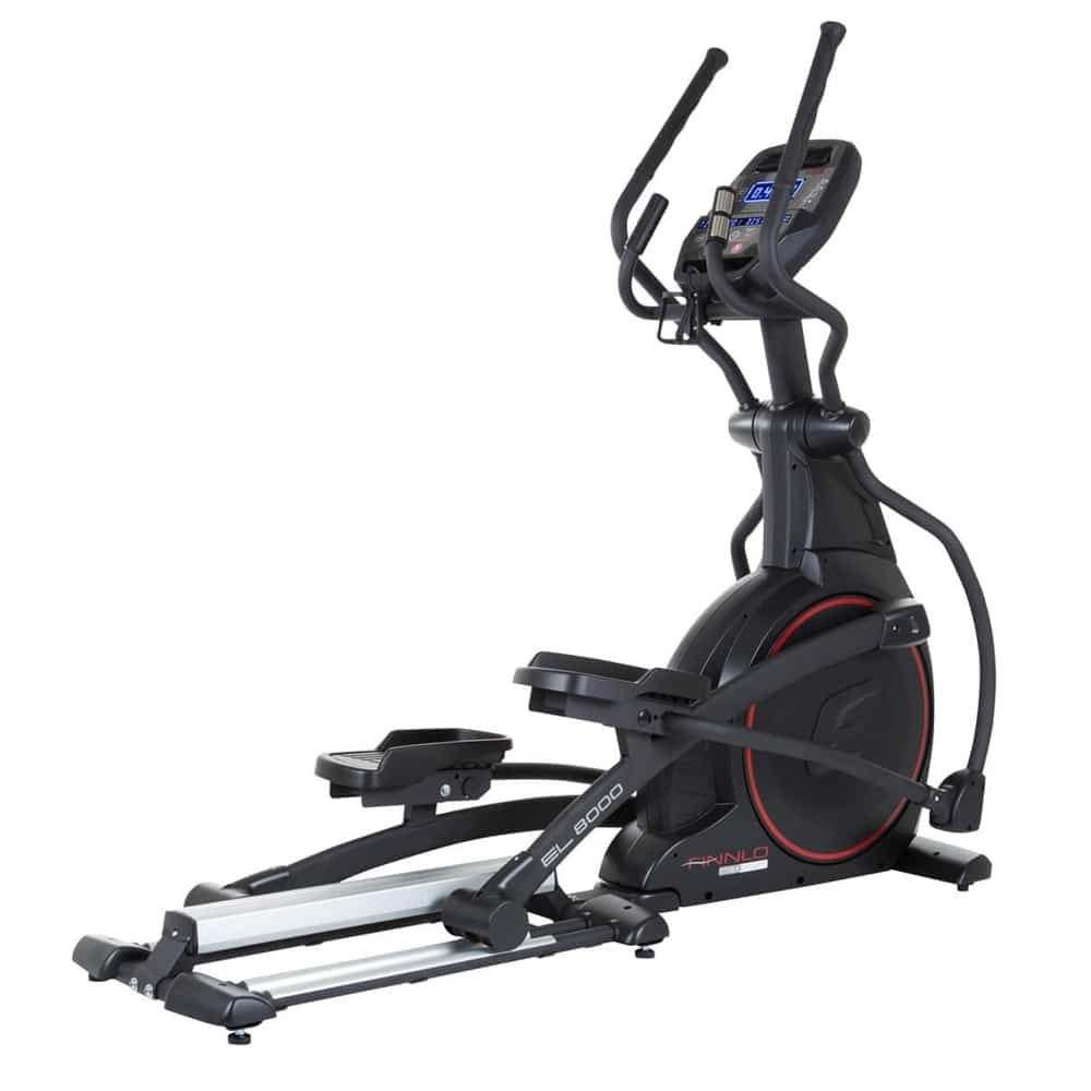 Ellipsentrainer EL 8000. Schwarz mit roten Akzenten. Konsole mit Display. Griffe und Pedale. Finnlo-Logo sichtbar.