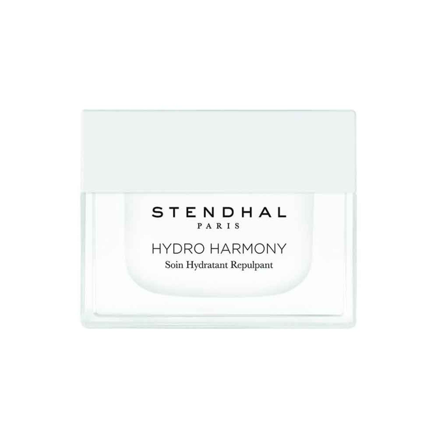 Weißer Tiegel mit Deckel. Aufschrift: STENDHAL PARIS, HYDRO HARMONY, Soin Hydratant Repulpant.