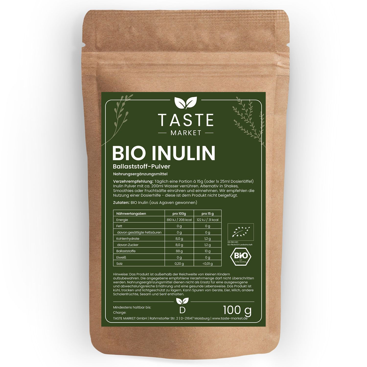 Braune Papiertüte mit Taste Market Bio Inulin Ballaststoff-Pulver, 100g.