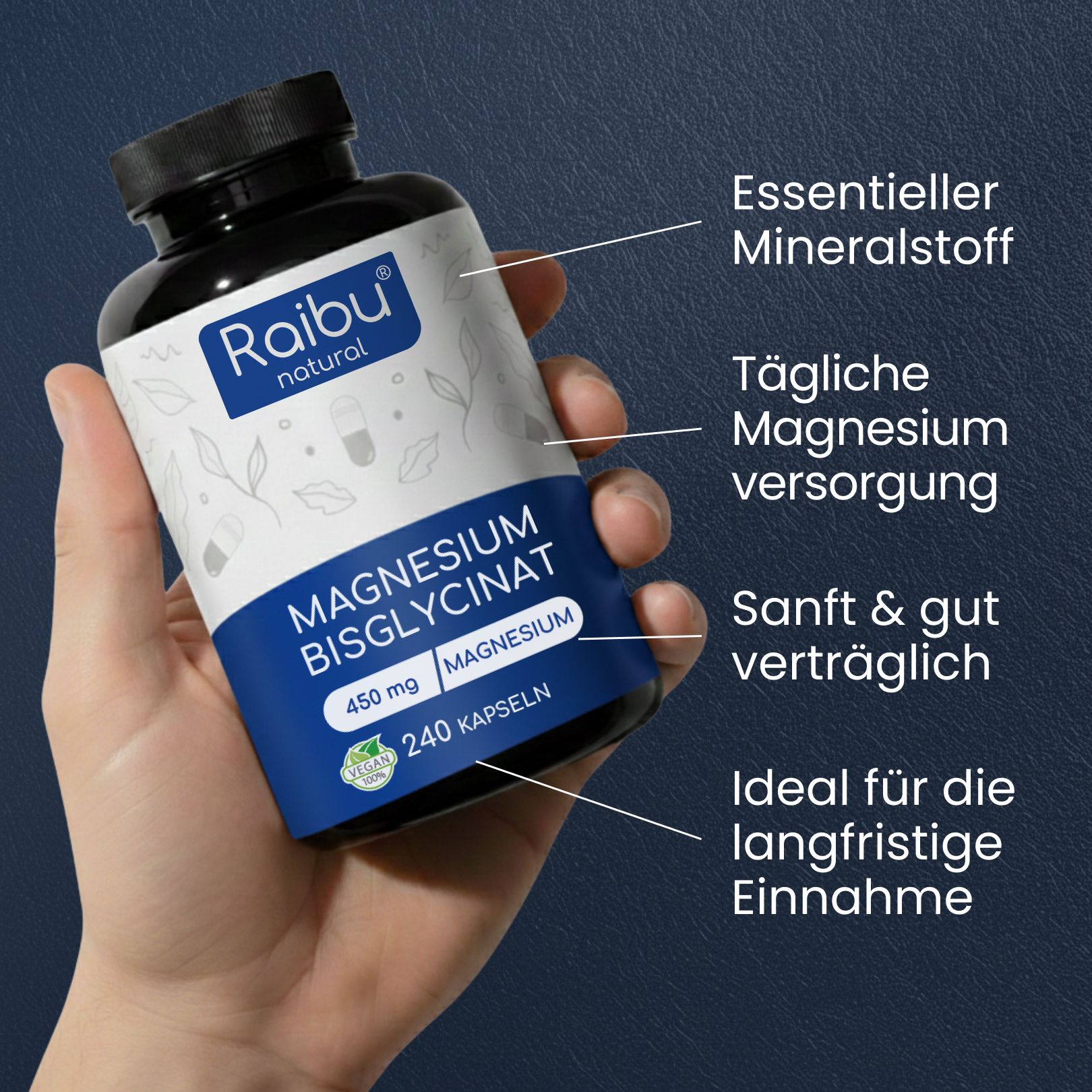 Hand hält Flasche Magnesium Bisglycinat, mit Text über Vorteile und Einnahme.