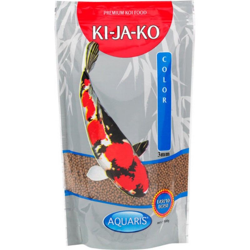 Verpackung mit KI-JA-KO Color. Abbildung eines Koi-Fisches. Text: 3 mm, AQUARIS, 500g.
