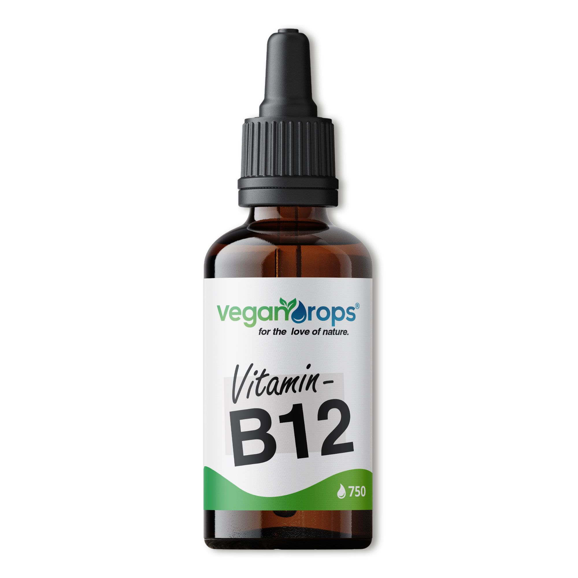 Braune Glasflasche mit schwarzem Tropfer. Etikett mit "Vegan Drops", "Vitamin B12". Grüne Akzente. Tropfen-Symbol.
