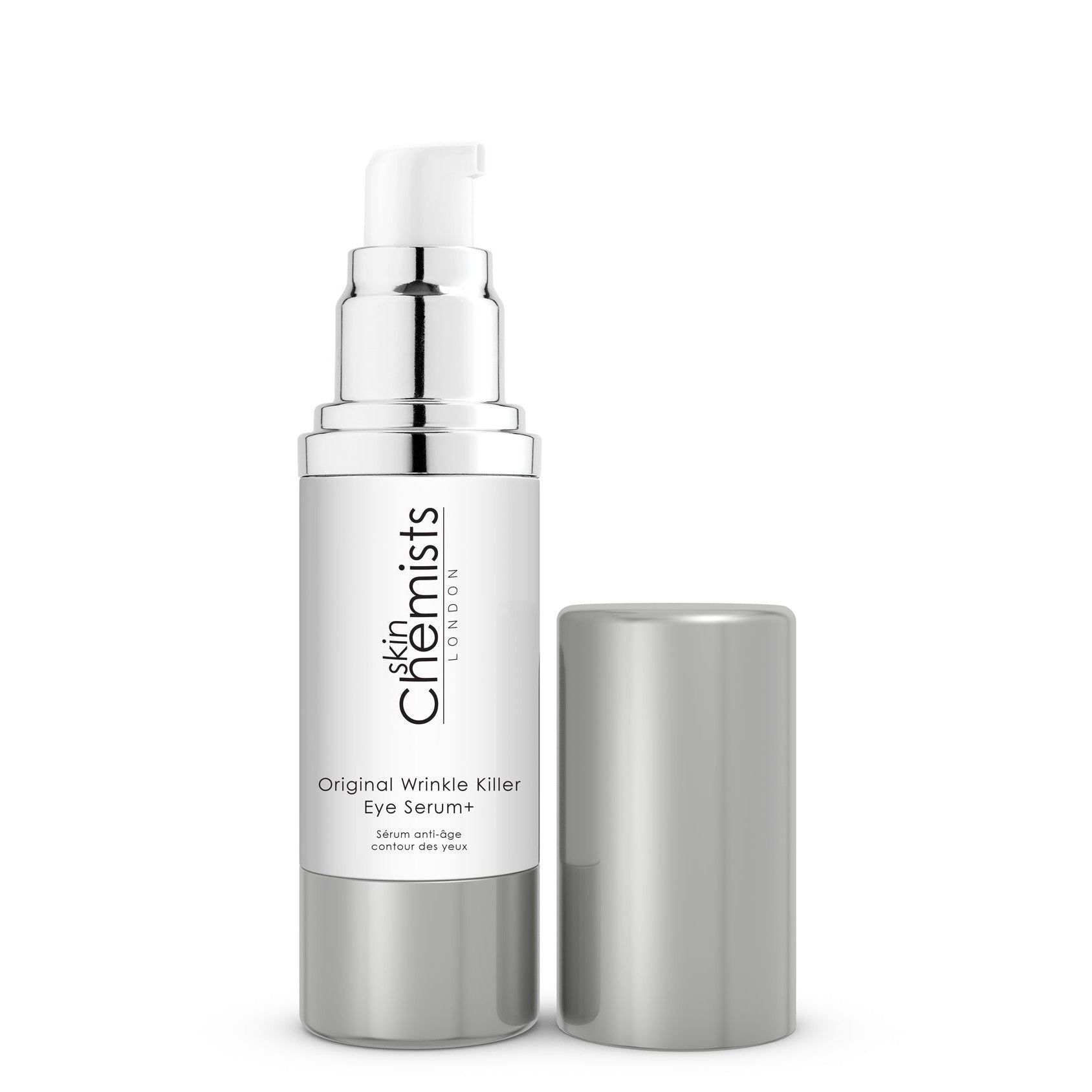 Augenserum-Flasche mit silbernem Deckel. Aufschrift: SkinChemists London, Original Wrinkle Killer Eye Serum+.