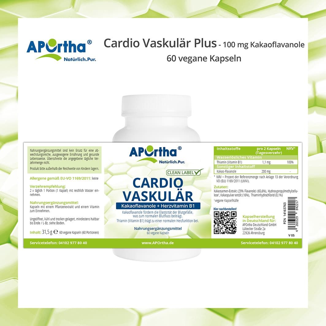 Weiße Flasche mit Etikett. Kapseln, Kakaoflavanole, Thiamin, Nahrungsergänzungsmittel. Clean Label. Nährwertangaben.