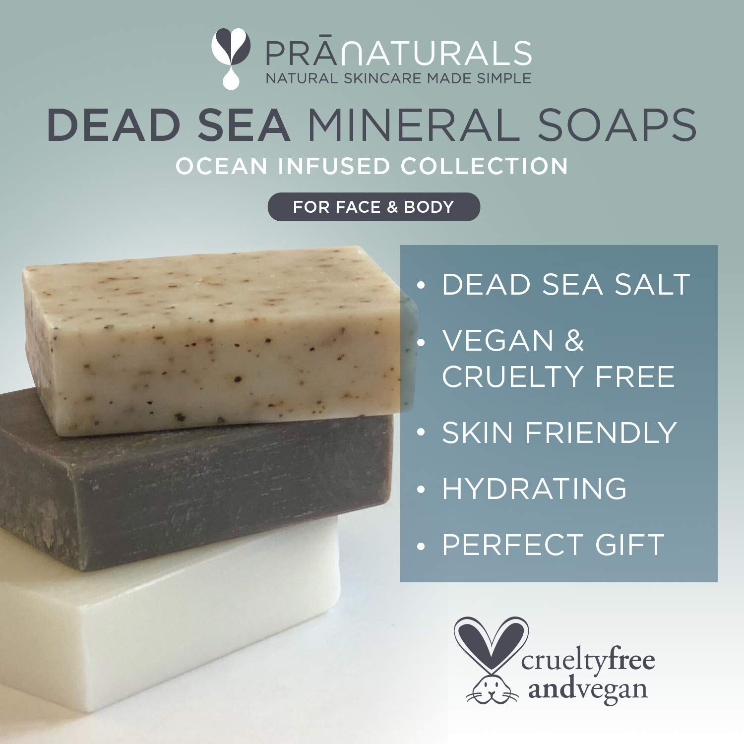 Drei Seifenstücke. Text: "Dead Sea Mineral Soaps", "Vegan & Cruelty Free", "Skin Friendly", "Hydrating".