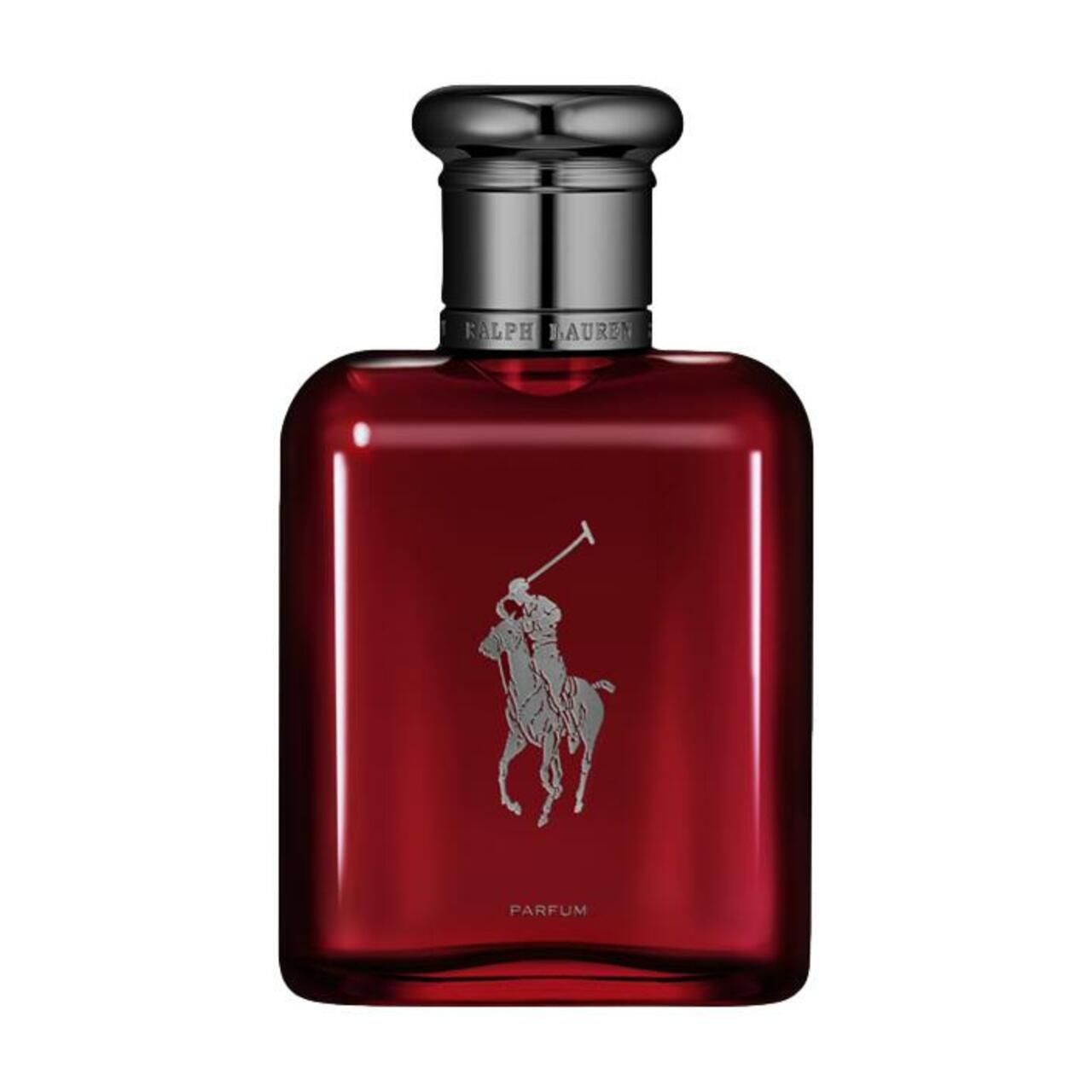 Roter Flakon mit silbernem Logo und schwarzem Verschluss. Aufschrift PARFUM.