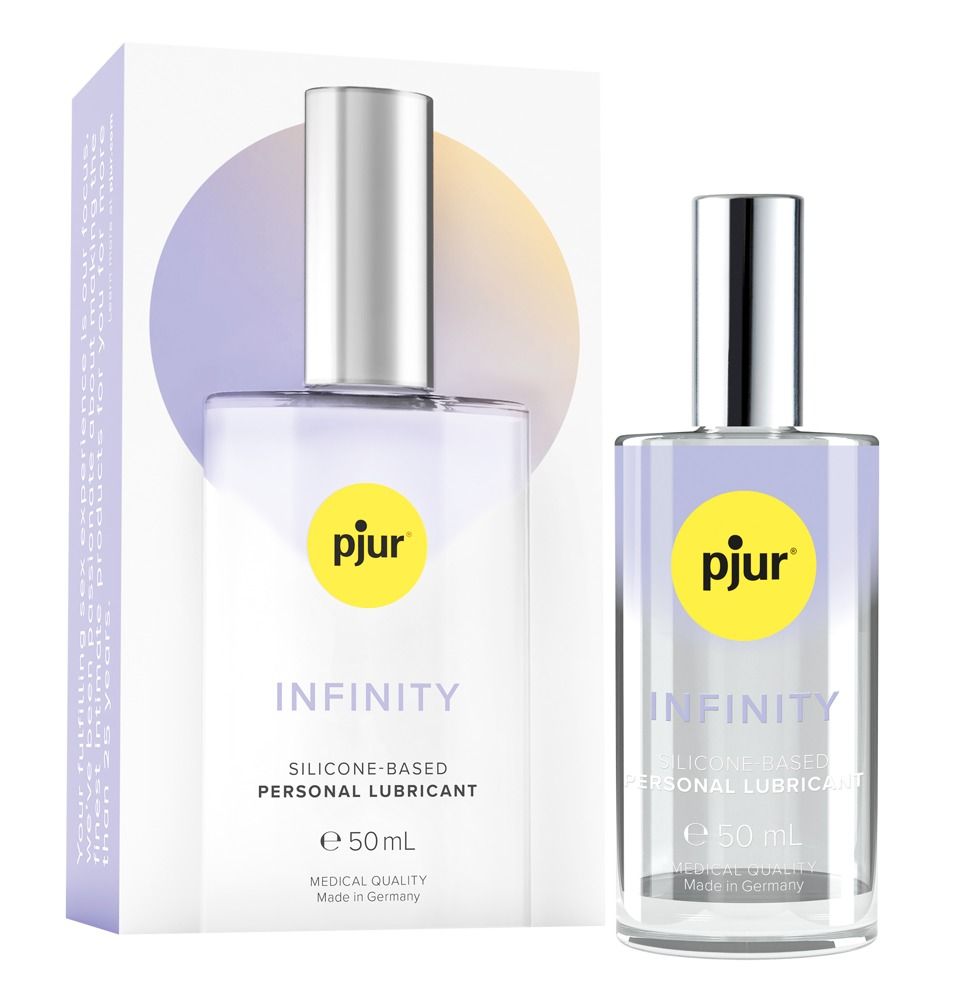 Zwei Flaschen mit silbernen Verschlüssen und gelben Etiketten mit dem Wort „pjur“. Aufschrift „INFINITY“ und „SILICONE-BASED PERSONAL LUBRICANT“.