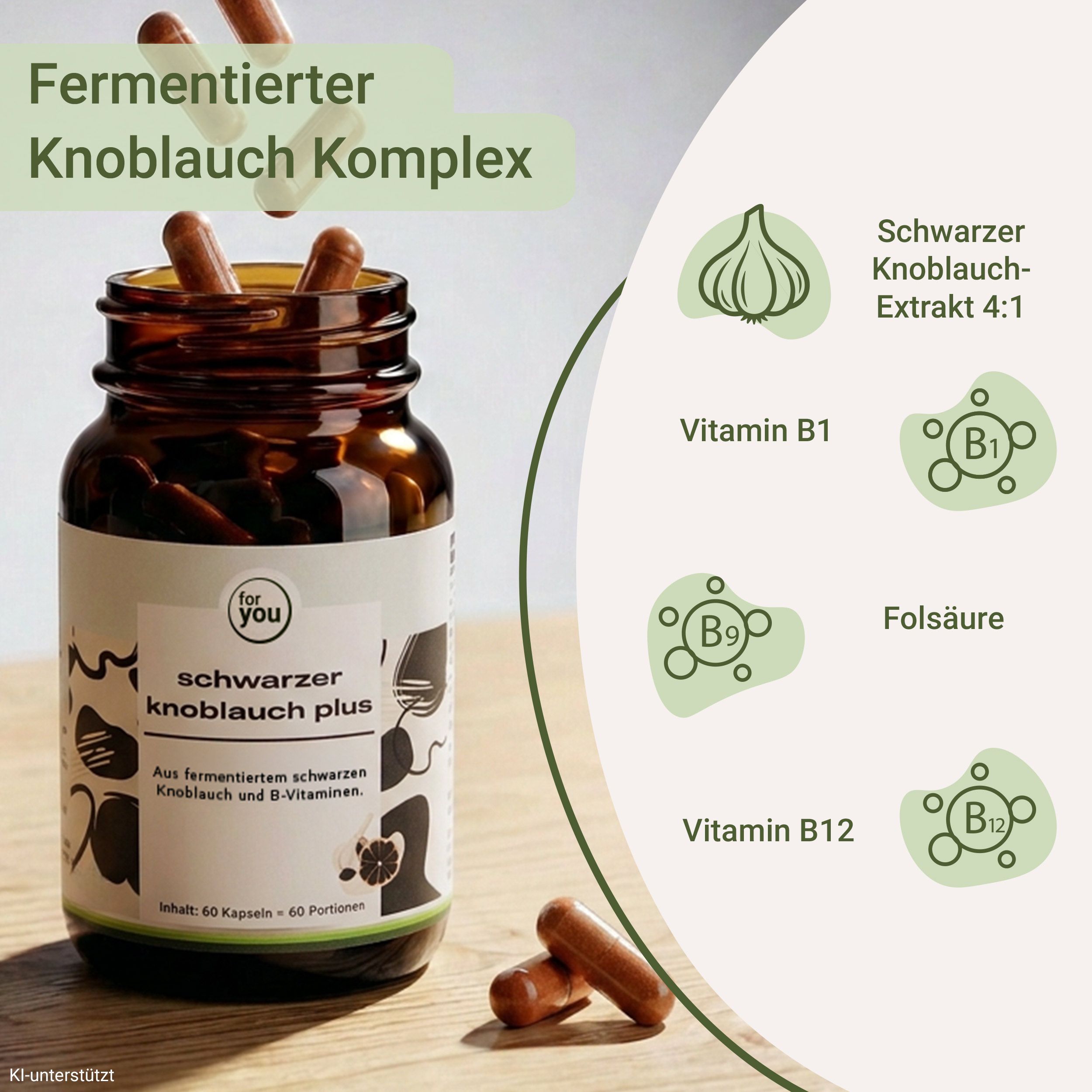 Flasche Schwarzer Knoblauch Plus mit Kapseln, daneben Icons für Inhaltsstoffe.